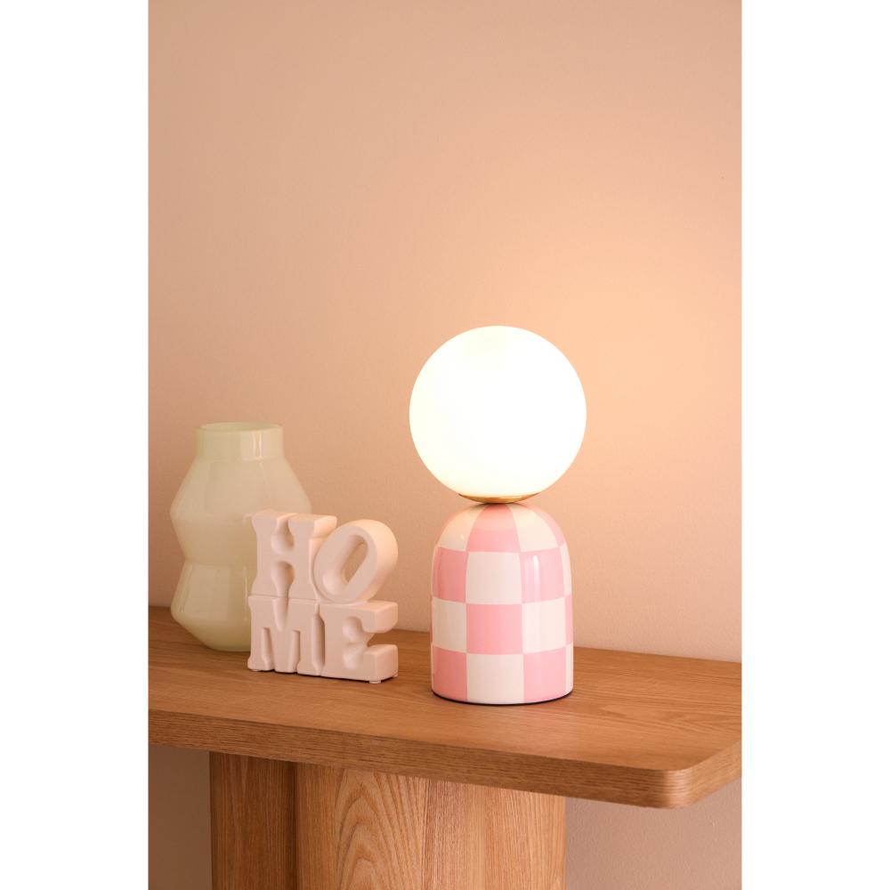 Pink and White Check lamp with round head on narrow table - MyHouse
