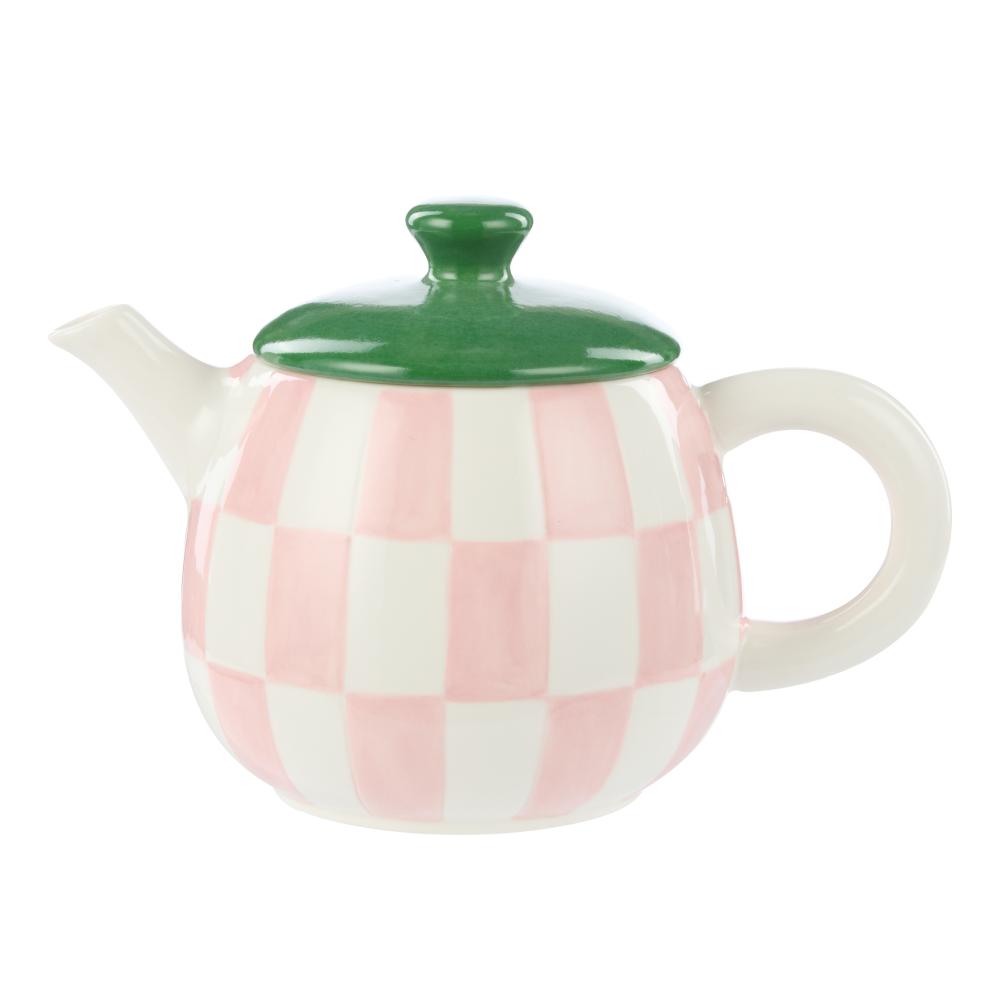 Emporium Check Teapot pink with green lid at MyHouse