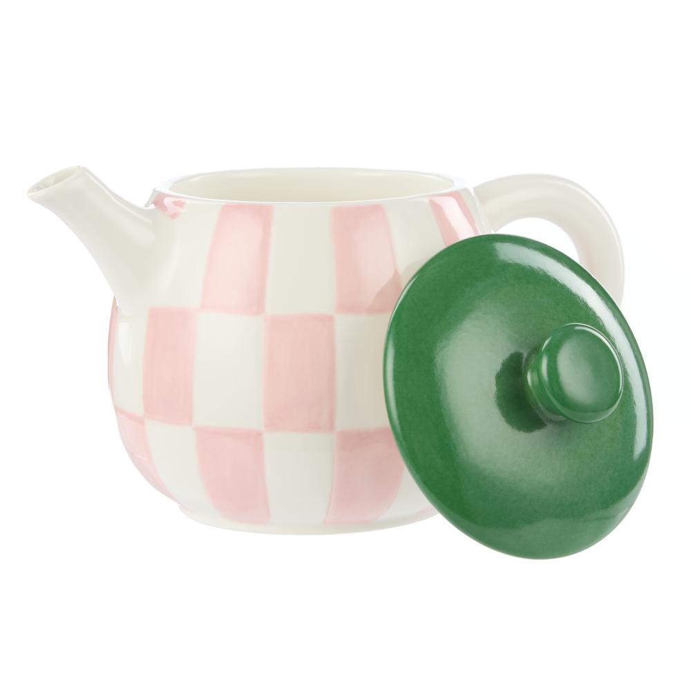 Emporium Check Teapot pink with green lid at MyHouse