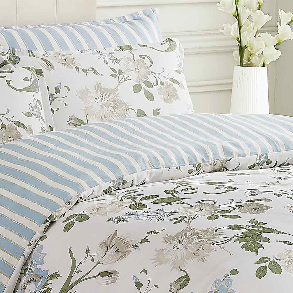 Laura Ashley Rosalind Seaspray Quilt Cover Set floral and stripe quilt cover at MyHouse
