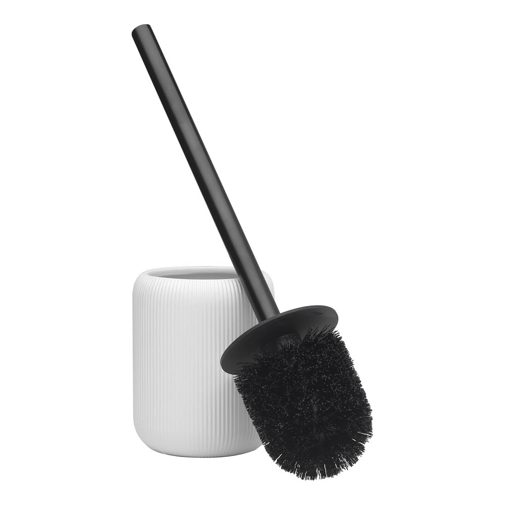 white ribbed toilet brush holder with black toilet brush - MyHouse