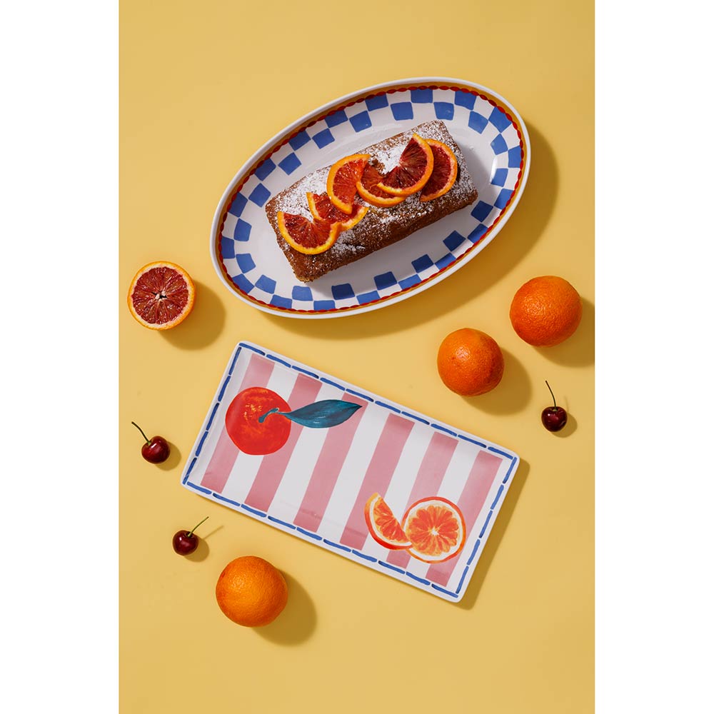 Porto Valentina Oval Serving Platter 32cm Cherry with orange loaf and rectangular platter at MyHouse
