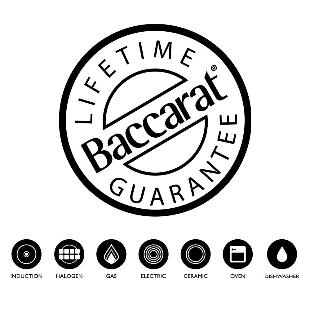 Baccarat Lifetime Guarantee logo with cookware compatibilities infographic at MyHouse