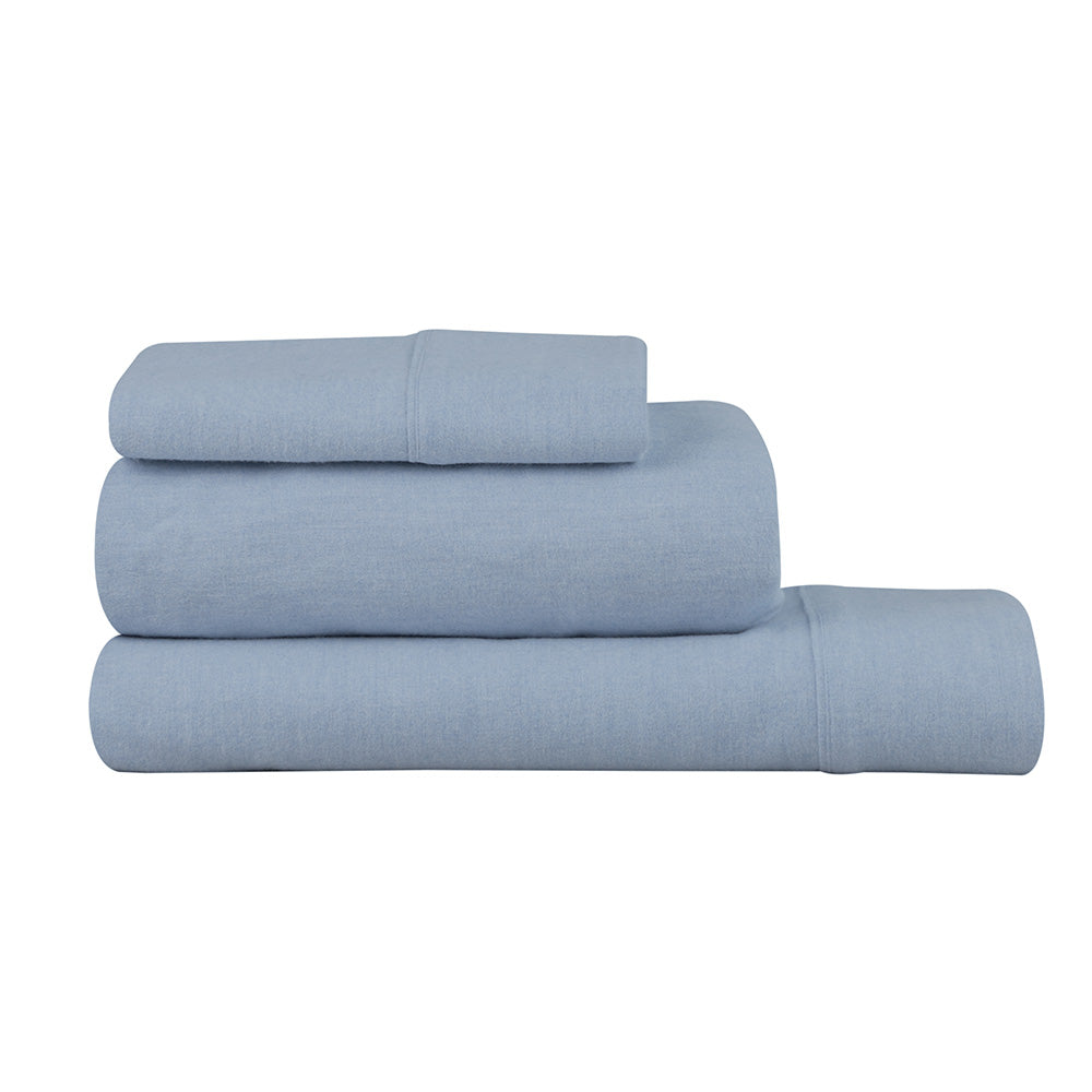 Logan & Mason Plain Dyed Flannelette Sheet Set Chambray Blue - MyHouse