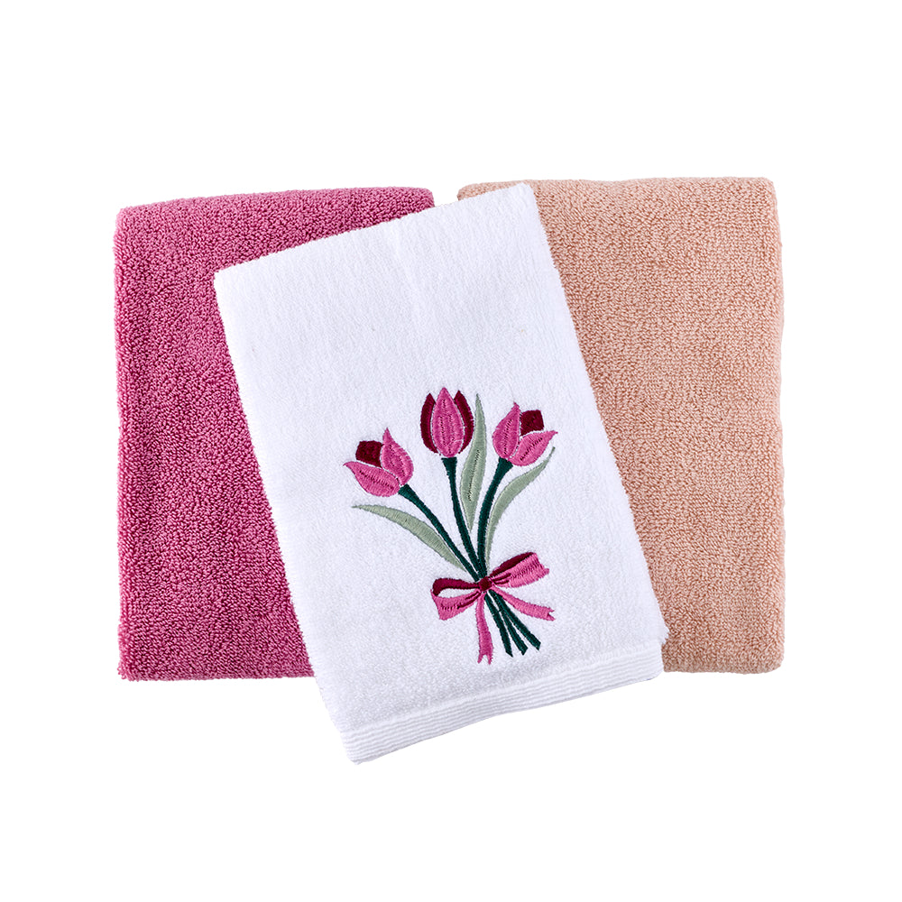 MyHouse Hand Towel Pack with three hand towels featuring embroidered pink tulip floral design and coordinating colours