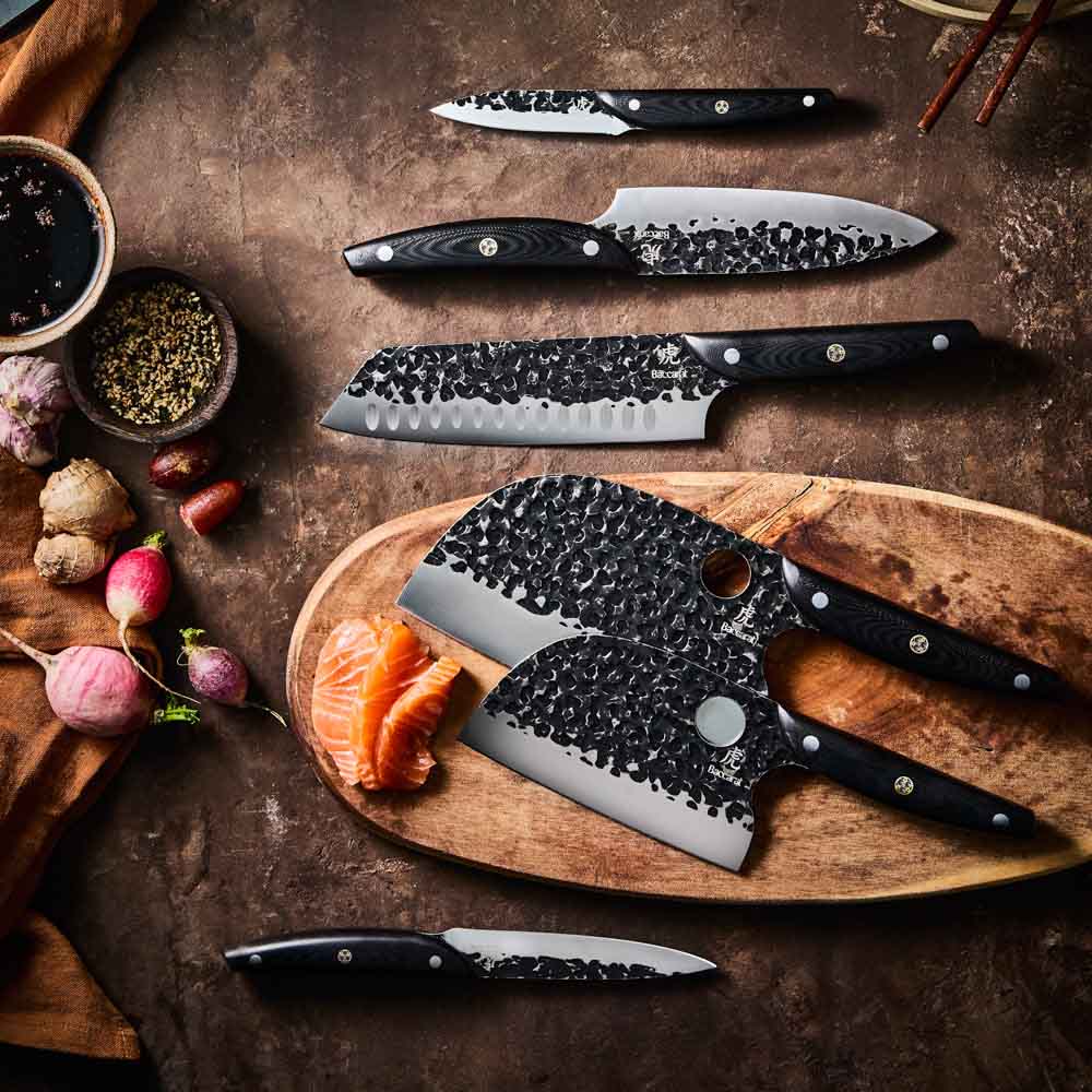 Baccarat KUROI KIBA 7 Piece Knife Block flat lay of knives at MyHouse
