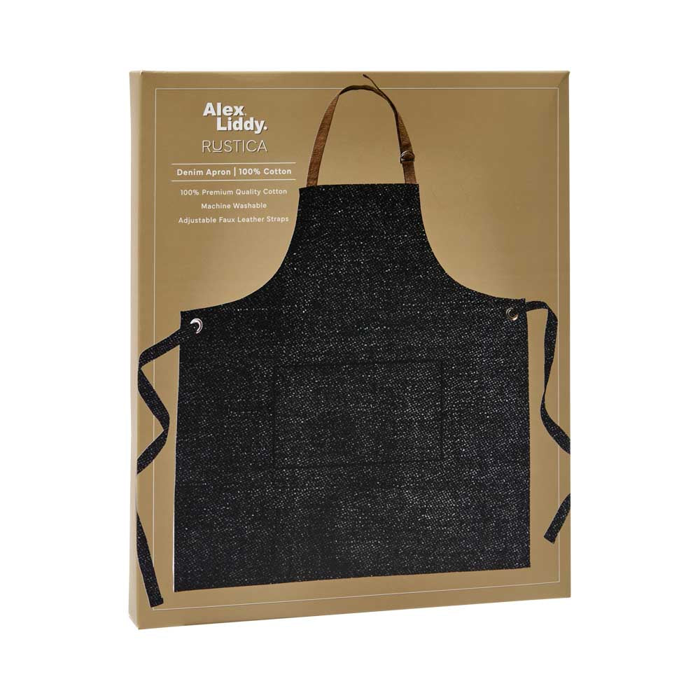 Alex Liddy Rustica Denim Apron with tan leather adjustable neck strap at MyHouse