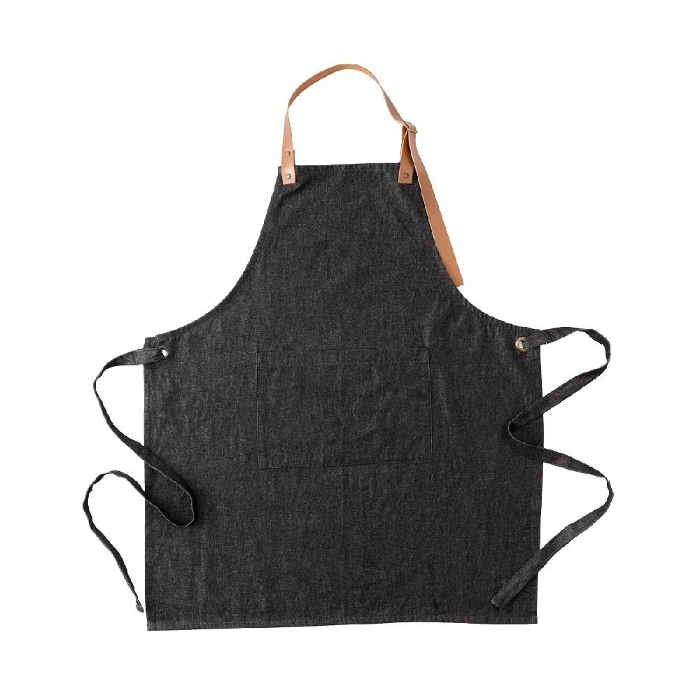 Alex Liddy Rustica Denim Apron with tan leather adjustable neck strap at MyHouse