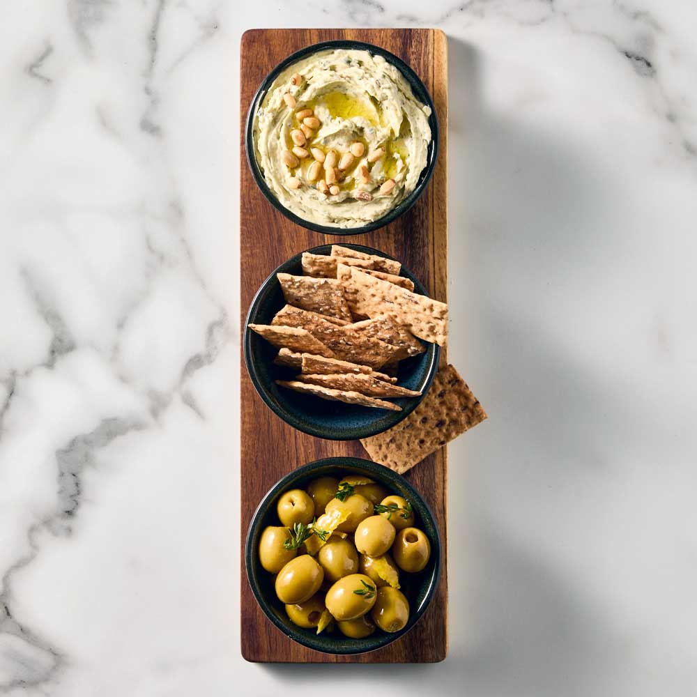 Serving Board with 3 Green Bowls with dip, olives, and crackers - MyHouse