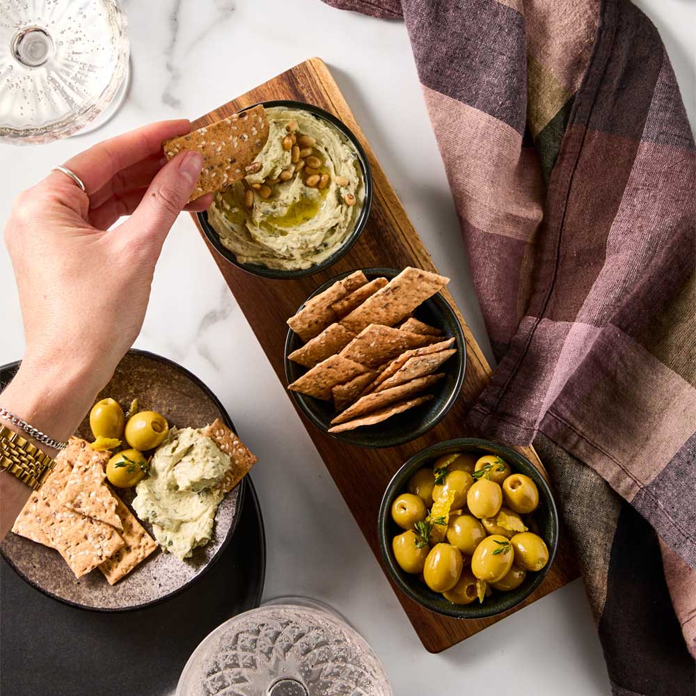 Serving Board with 3 Green Bowls with dip, olives, and crackers - MyHouse