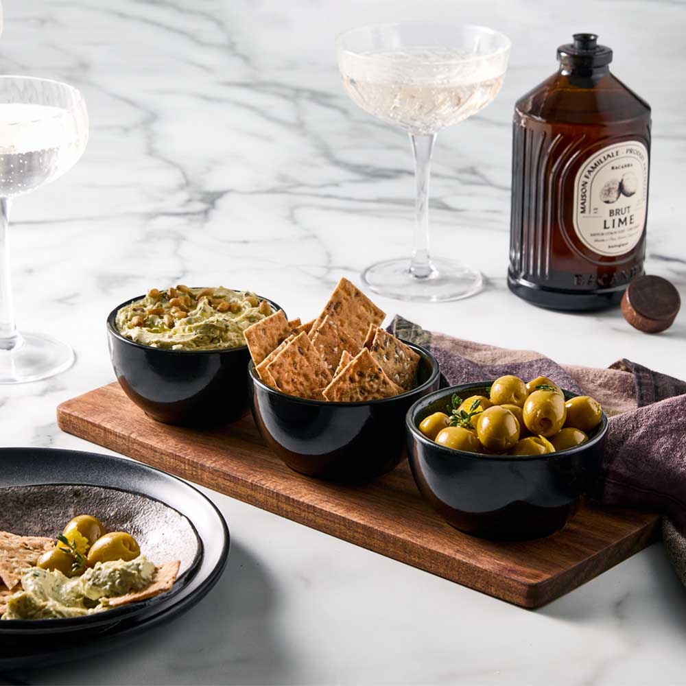 Serving Board with 3 Green Bowls with dip, olives, and crackers - MyHouse