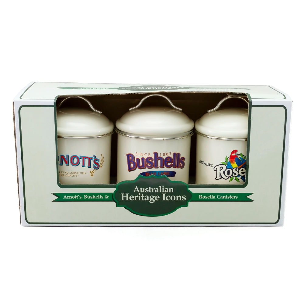 Rojo Arnotts, Bushells & Rosella Canisters Set Of 3 Powder Coated With Sealed Rim Cream