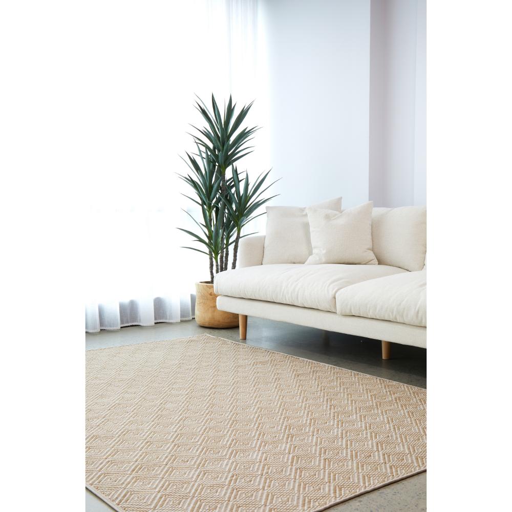 Beige brown diamond design indoor outdoor rug in loungeroom - MyHouse