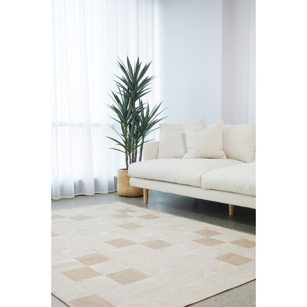 Natural Brown Beige curve check indoor outdoor rug in loungeroom - MyHouse