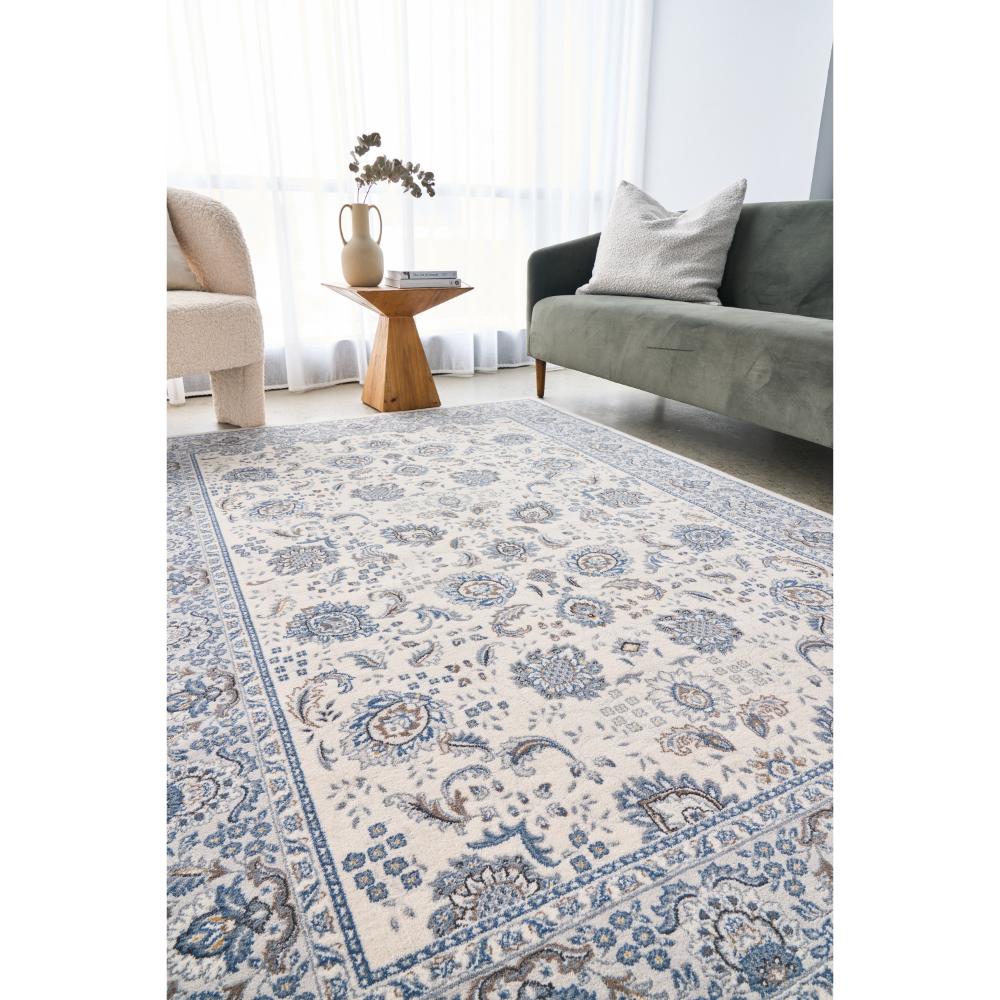 blue and white floral rug in lounge room - MyHouse
