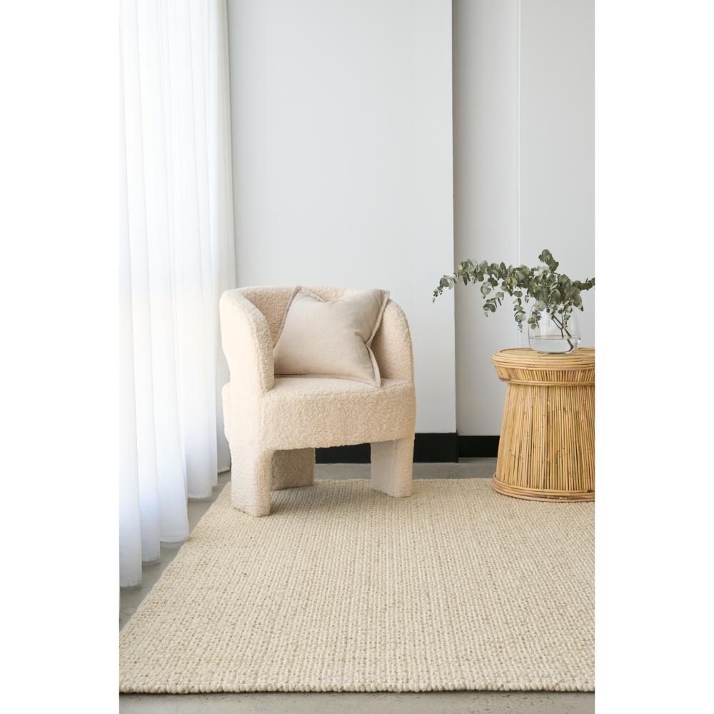 cream beige hamptons style jute wool rug with boucle chair - MyHouse