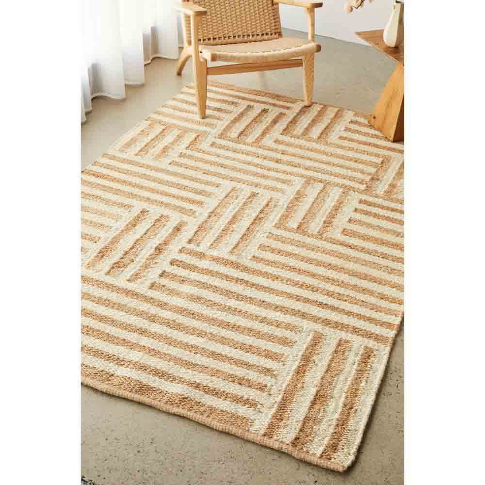 warm beige stripe check jute rug with armchair and table - MyHouse