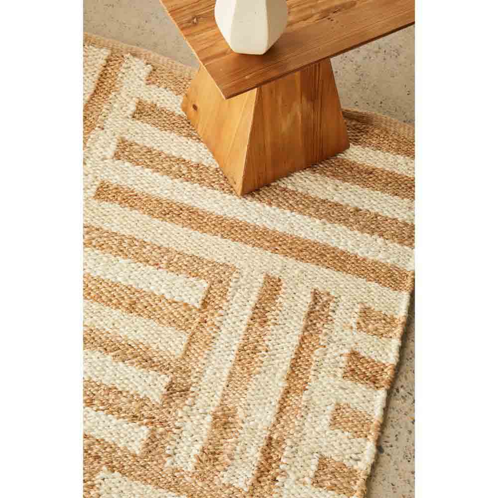 warm beige stripe check jute rug with table - MyHouse