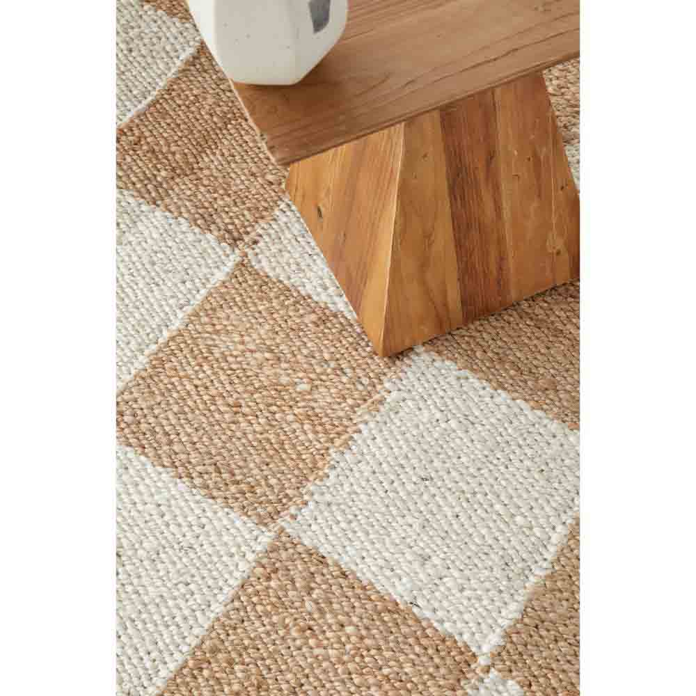 warm beige checkerboard jute rug with side table - MyHouse