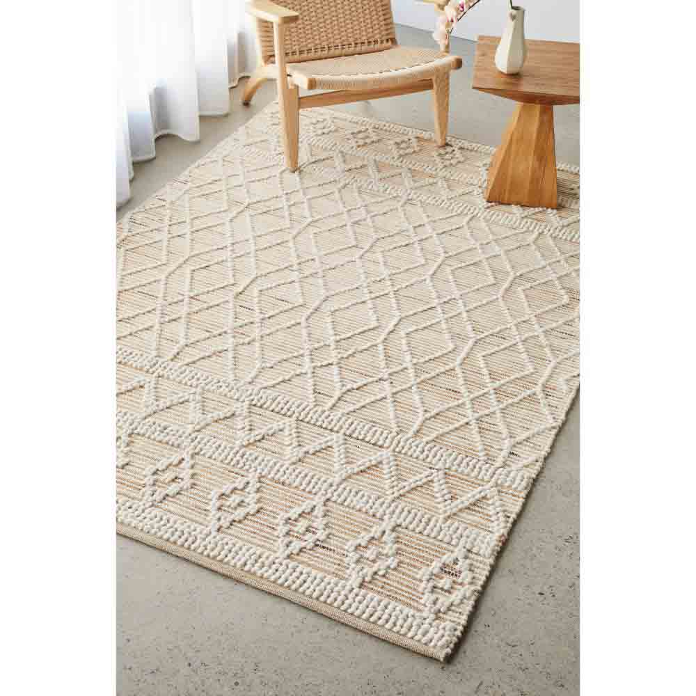 beige diamond stitch wool jute bohemian rug with armchair - MyHouse