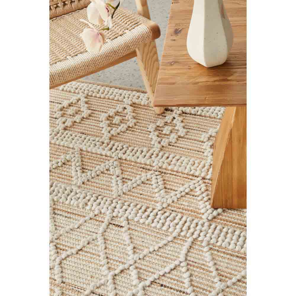 beige diamond stitch wool jute bohemian rug with armchair - MyHouse