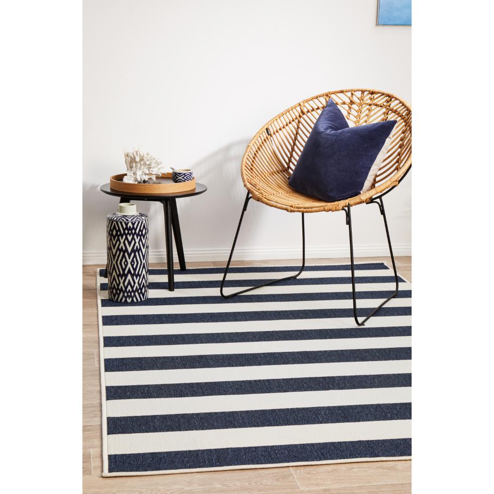 Blue and white stripe indoor/outdoor rug with armchair - MyHouse