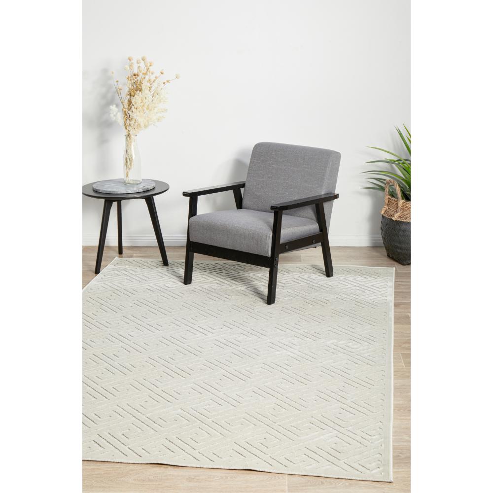 beige geometric swirl rug in a sitting room with plants - MyHouse