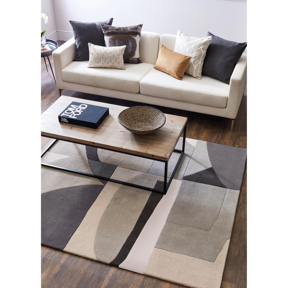 Grey Patterned Wool Rug with lounge and coffee table - MyHouse
