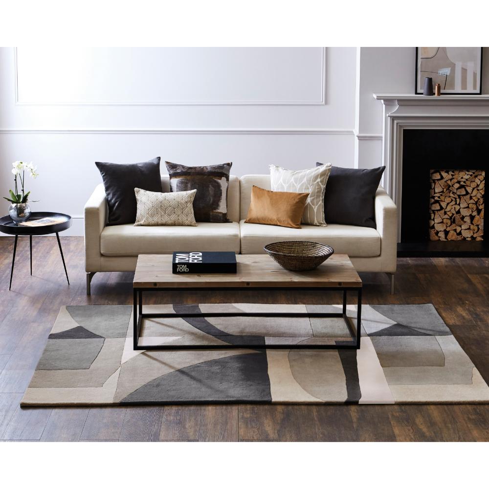 Grey Patterned Wool Rug in loungeroom with fireplace - MyHouse