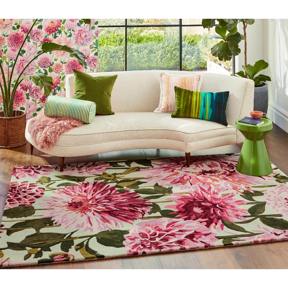 large pink dahlia flower wool rug in styled loungeroom - MyHouse