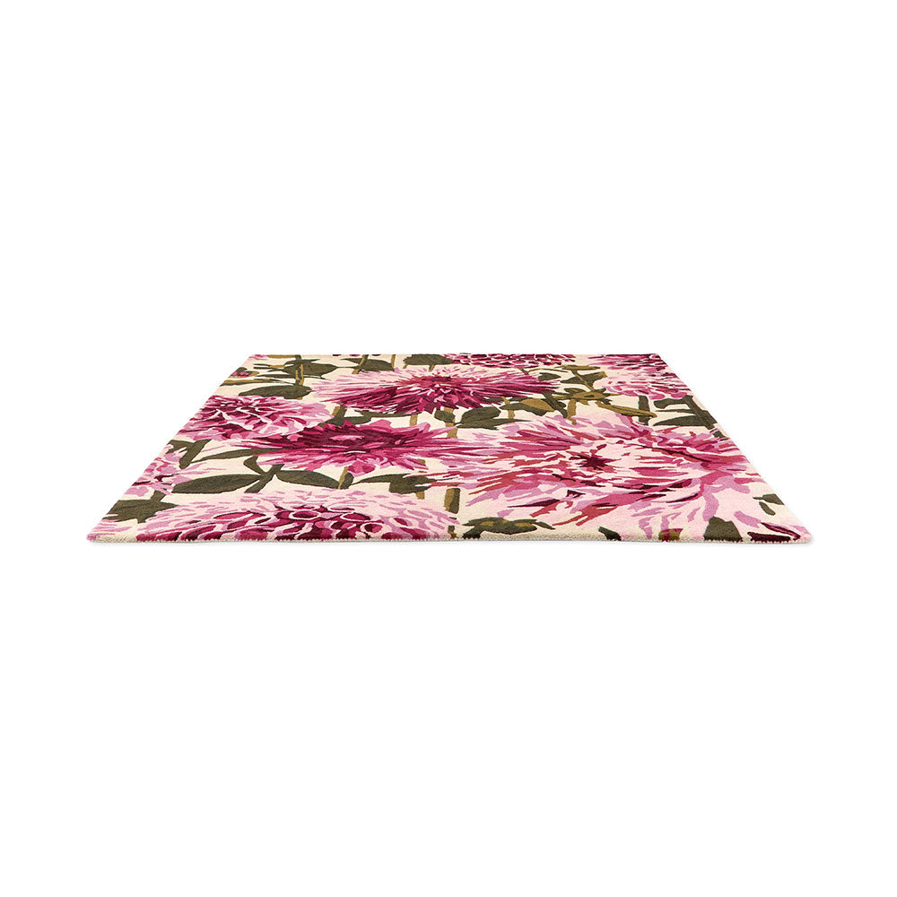 designer large pink dahlia flower wool rug angled shot - MyHouse