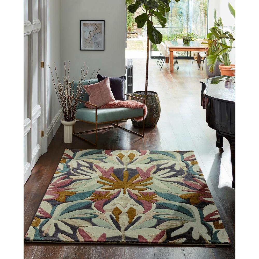 Green Floral Wool Rug with long view of a house to outside - MyHouse