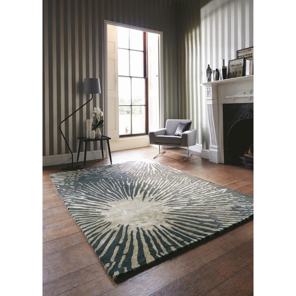 grey starburst designer wool rug with fireplace - MyHouse