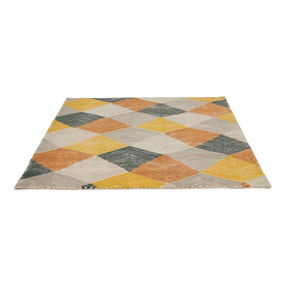 Abstract tan, grey and yellow wool rug angled image - MyHouse