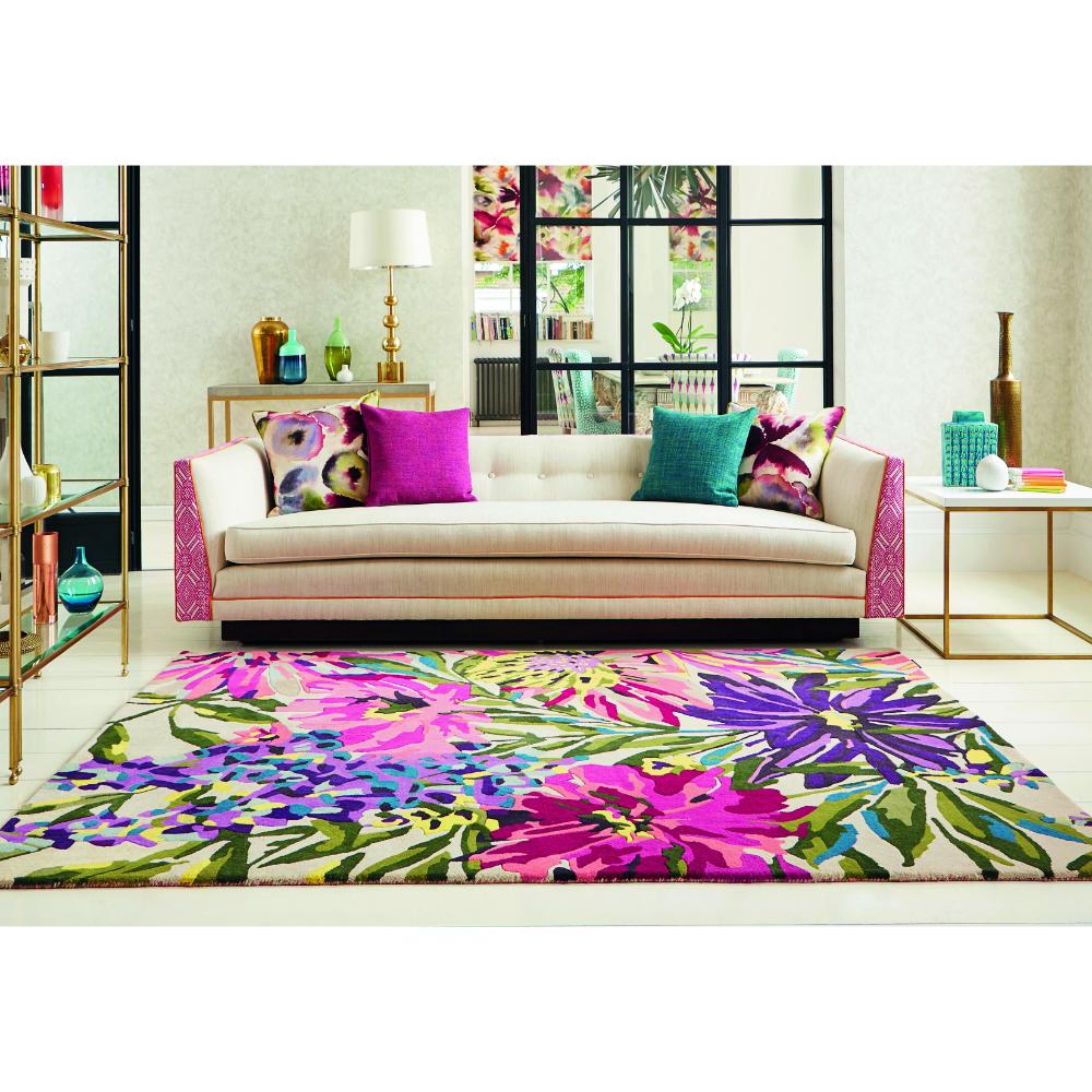 vibrant pink flower wool rug in bright loungeroom - MyHouse