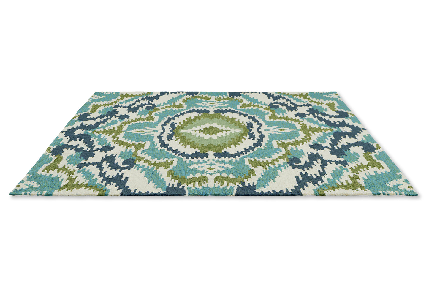 Blue, green aztec Indoor/Outdoor Rug angled image - MyHouse