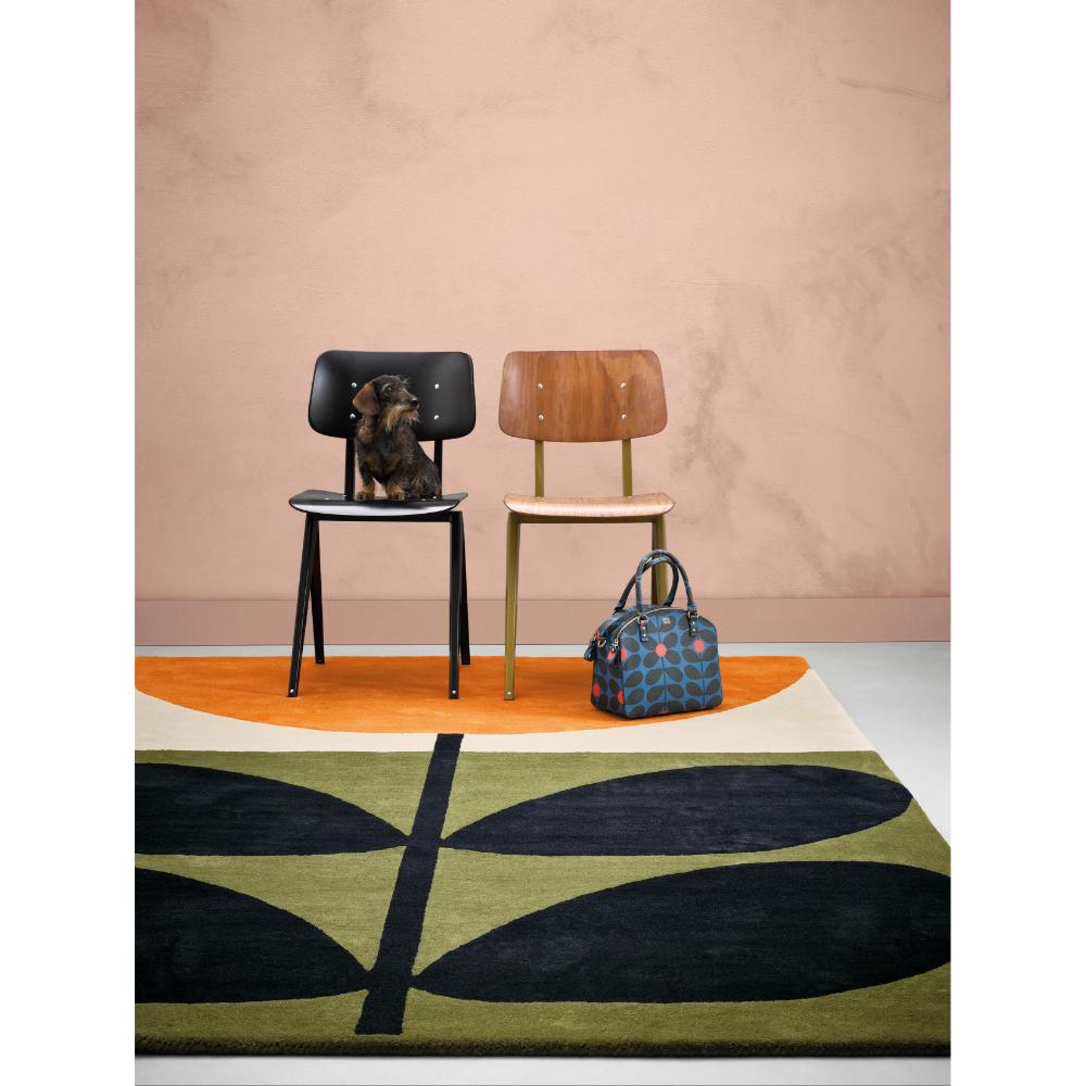 large orange flower wool rug with dog on a chair - House
