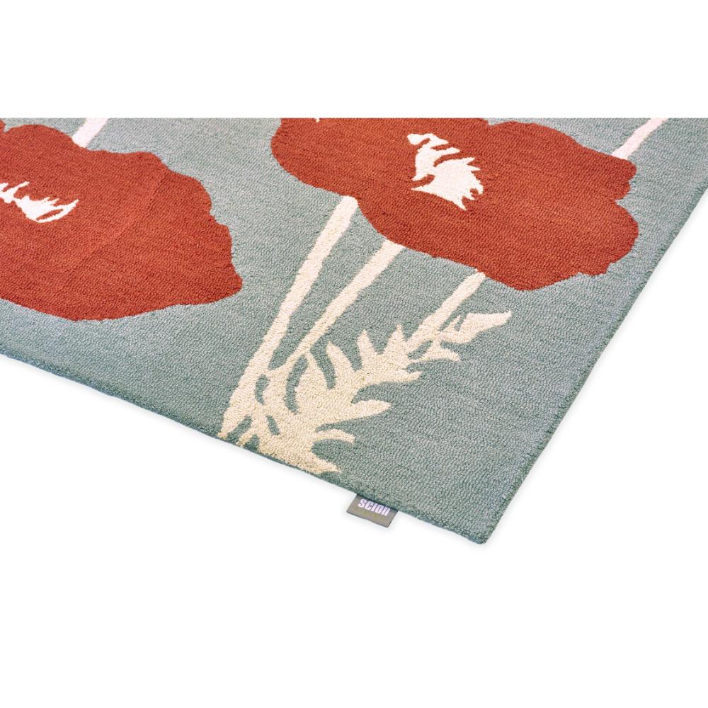 sage wool rug with red poppies detailed image - MyHouse