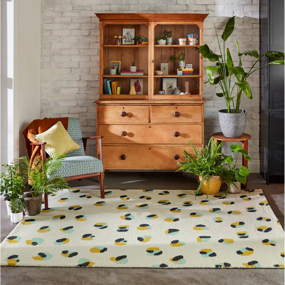Cream Leopard Dots Wool Rug in sitting area - MyHouse
