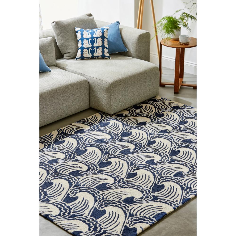 blue wave print wool rug in loungeroom - MyHouse