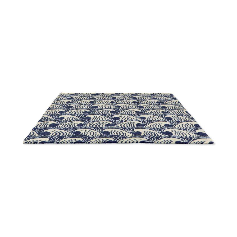 Blue wave print wool rug angled image - MyHouse