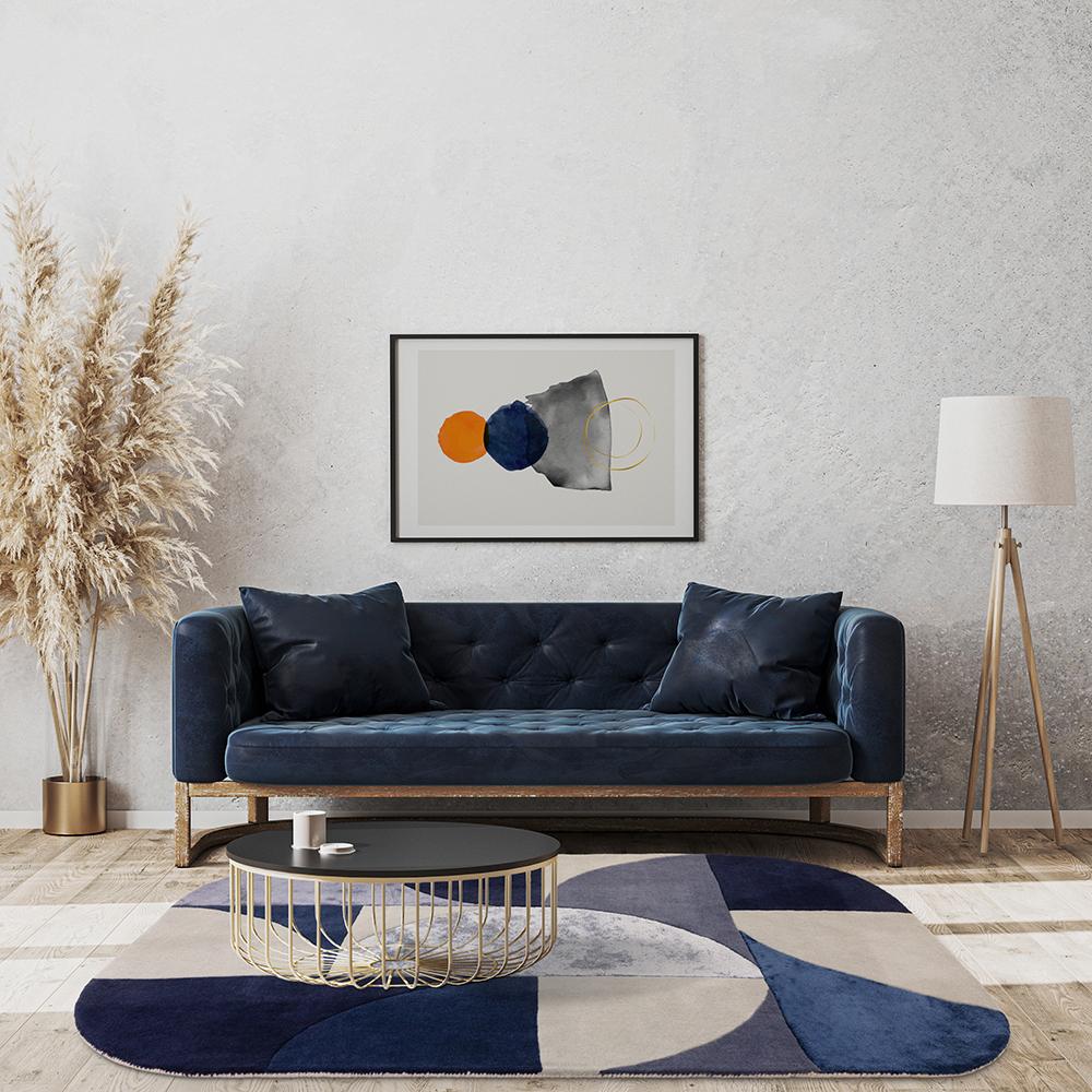 Blue abstract curves design wool rug in loungeroom