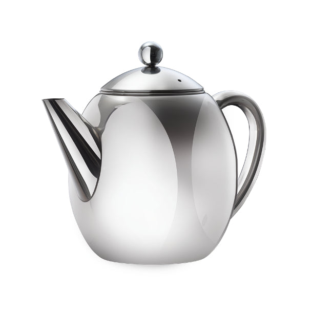 The Barista Tea Pot in a shiny stainless steel, featuring a removable lid, sturdy handle and controlled spout for easy pouring.