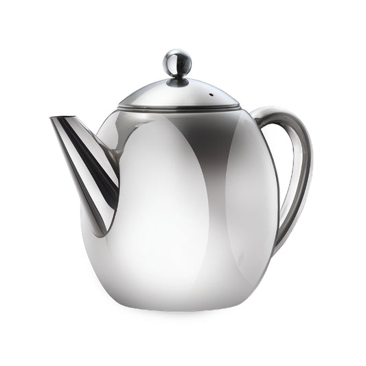 The Barista Tea Pot in a shiny stainless steel, featuring a removable lid, sturdy handle and controlled spout for easy pouring.