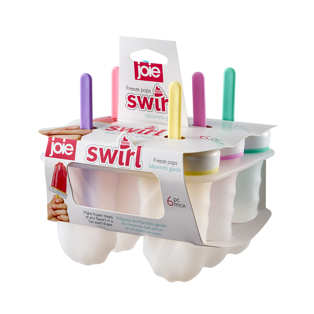 A package of six Joie Swirl frozen popsicles in a white plastic tray with a printed cardboard carrier. The carrier shows the Joie Swirl branding and includes colorful plastic handles in purple, pink, yellow, white, mint green, and peach.