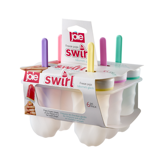 A package of six Joie Swirl frozen popsicles in a white plastic tray with a printed cardboard carrier. The carrier shows the Joie Swirl branding and includes colorful plastic handles in purple, pink, yellow, white, mint green, and peach.
