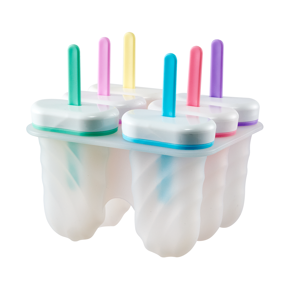 A six-piece silicone ice pop mould set with white lids and colorful popsicle sticks in green, pink, yellow, blue, and purple, shown on a solid white background.