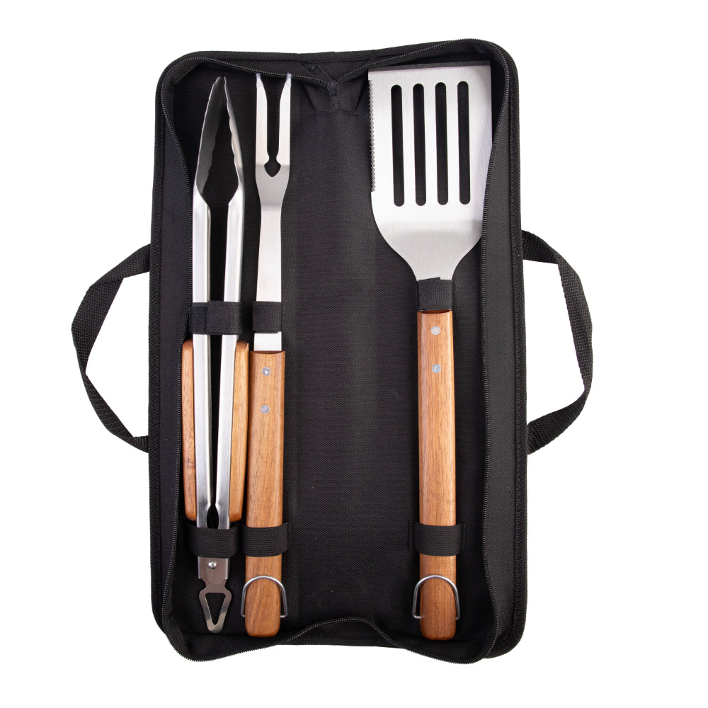 Urban Grill 3 Piece Barbeque Tool Set Acacia Handles With Carry Case