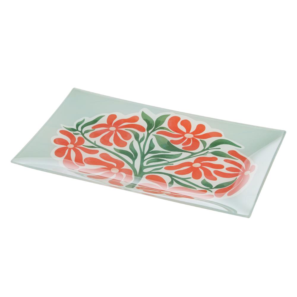 Emporium Lulu Glass Rectangular Plate green with orange flowers at MyHouse