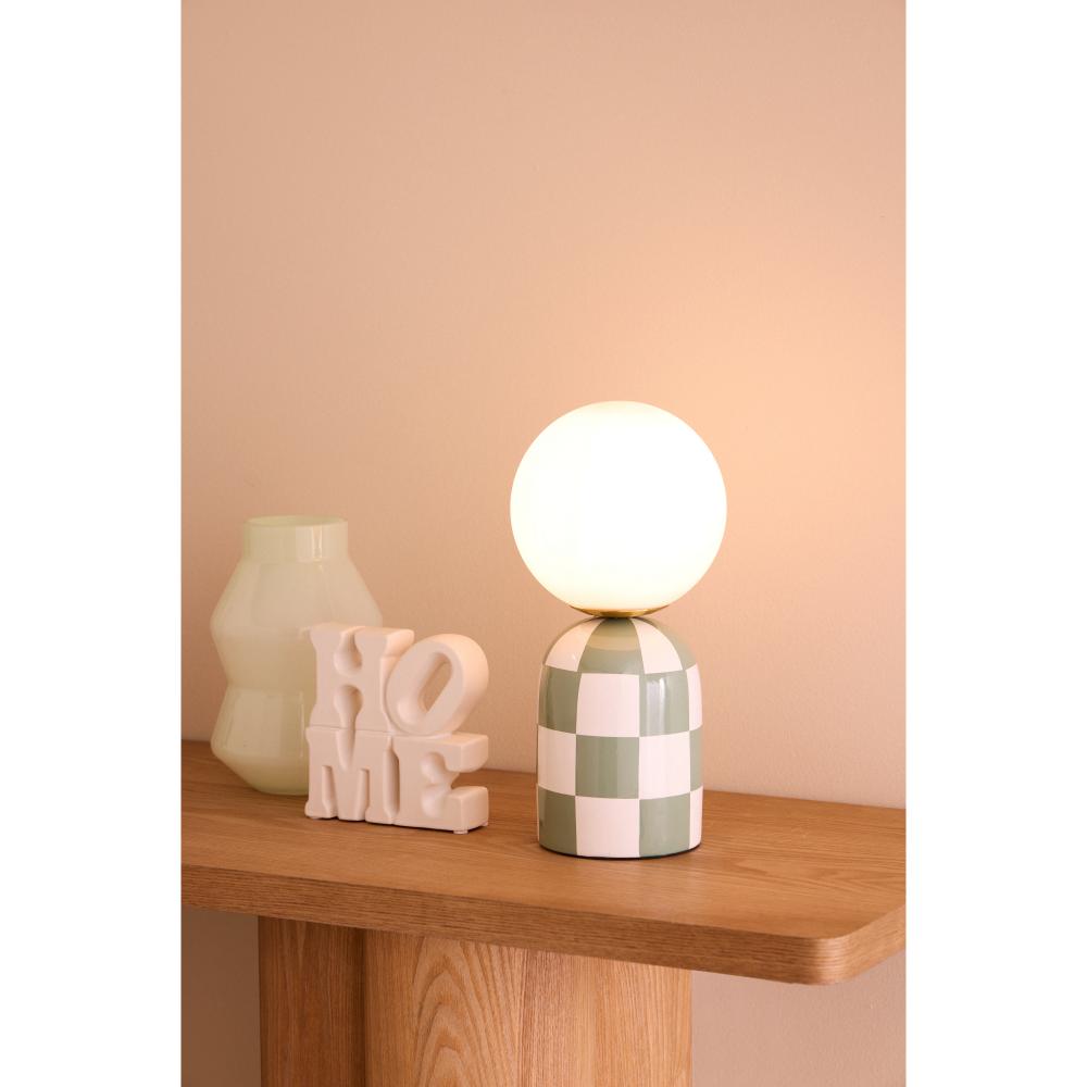 Sage green and White Check lamp with round head on table with Home ornament - MyHouse
